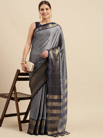 Vani Gray Navy Blue Kanjivaram Pure Cotton Silk Saree