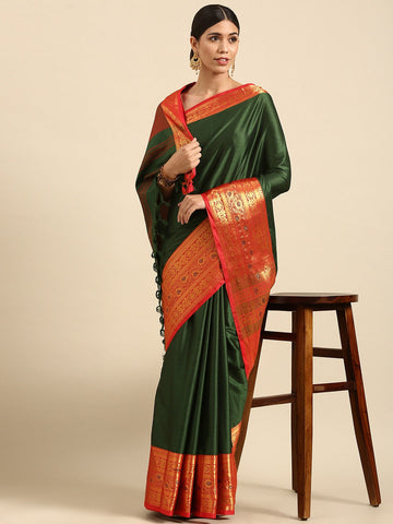 Priti Dark Green Red Soft Cotton Silk Saree