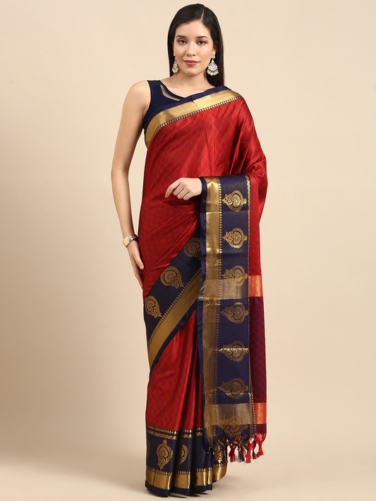 Tamanna Red Navy Blue Woven Dharmavaram Cotton Silk Saree.