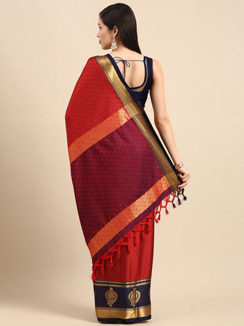 Tamanna Red Navy Blue Woven Dharmavaram Cotton Silk Saree.