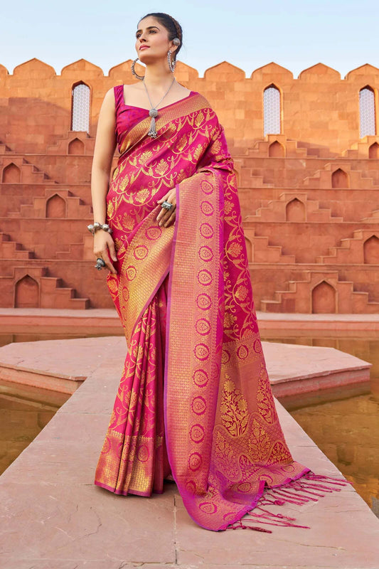 Beautiful Hot Pink Banarasi Silk Saree With Golden Zari Work