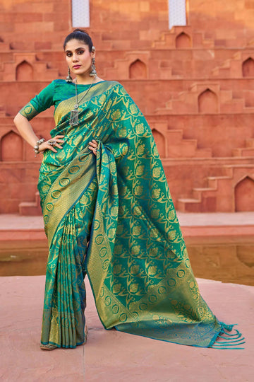 Beautiful Hot Rama Banarasi Silk Saree With Golden Zari Work