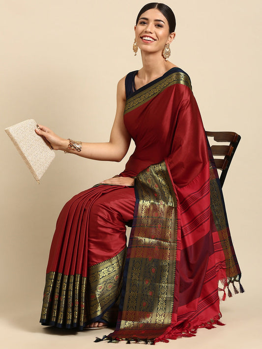 Priti Red Navy Blue Soft Cotton Silk Saree