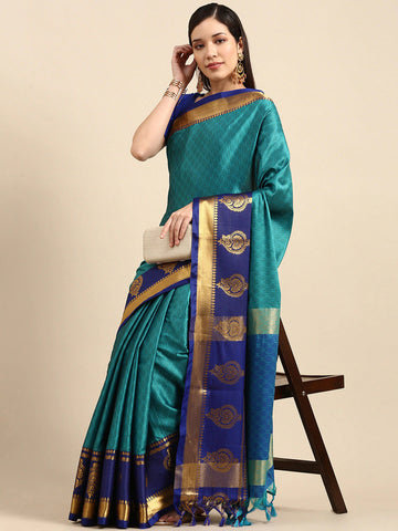 Tamanna Sky Royal Blue Woven Dharmavaram Cotton Silk Saree.