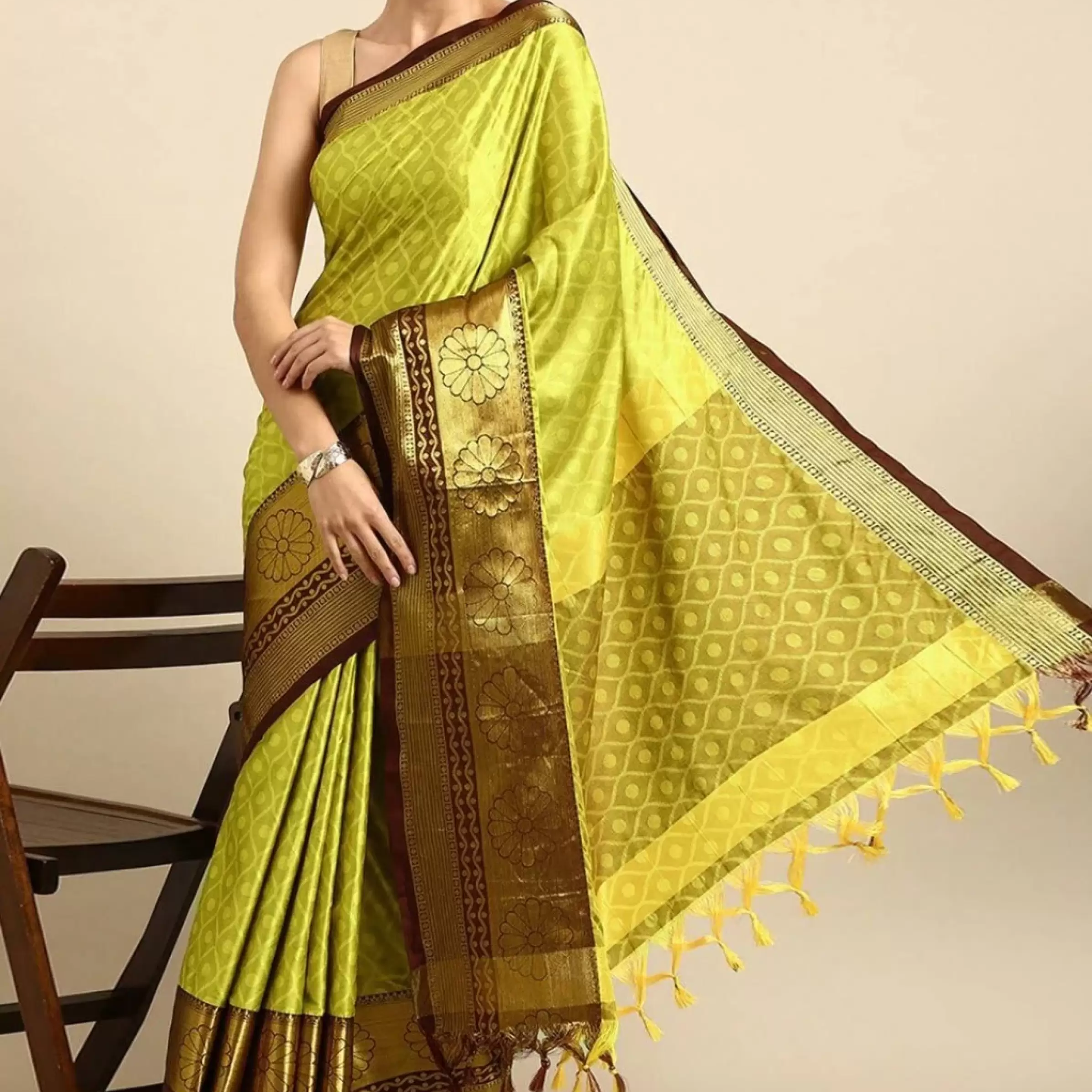 Anupama Lemon Maroon Self Design Cotton Silk Saree