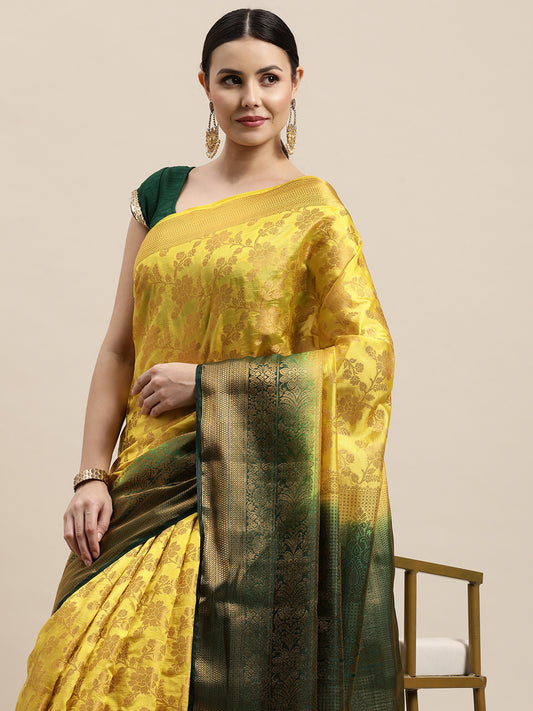 Mahi Lemon Dark Green Jecquard Banarasi Nylon Silk Saree