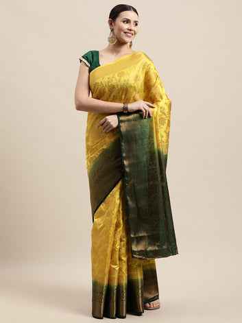 Mahi Lemon Dark Green Jecquard Banarasi Nylon Silk Saree