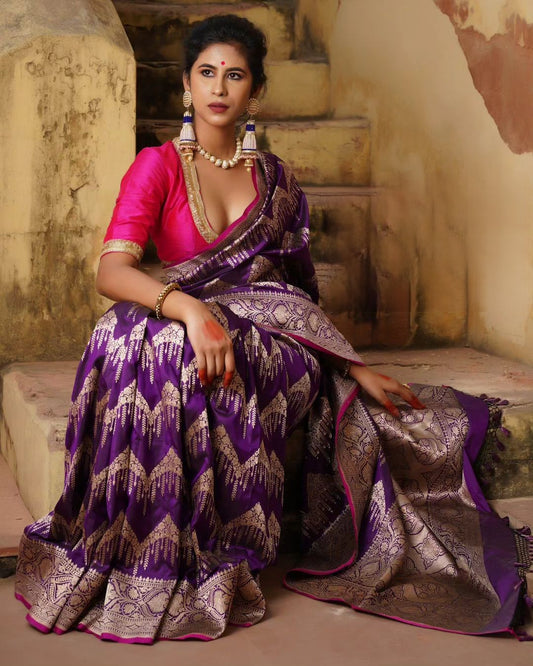 Beautiful Hot Purple Banarasi Silk Saree With Golden Zari Work